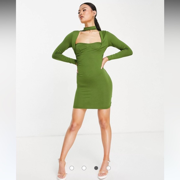 ASOS DESIGN exposed cup long sleeve mini dress in khaki - Picture 3 of 4